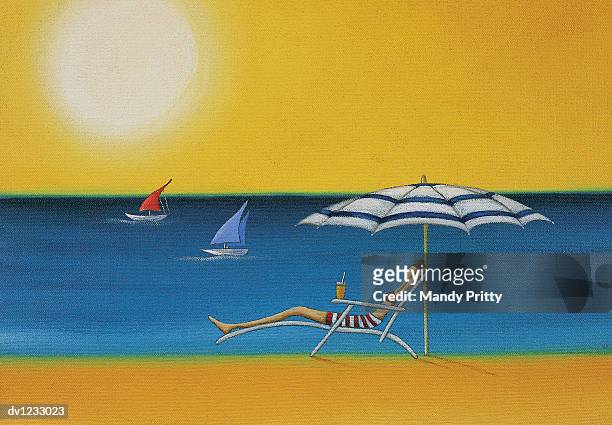 illustrazioni stock, clip art, cartoni animati e icone di tendenza di woman lying on a sun lounger under a parasol on a sunny beach - mandy pritty