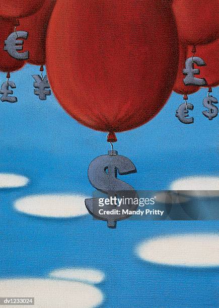currency symbols attached to balloons, and a dollar symbol rising - mandy pritty stock illustrations