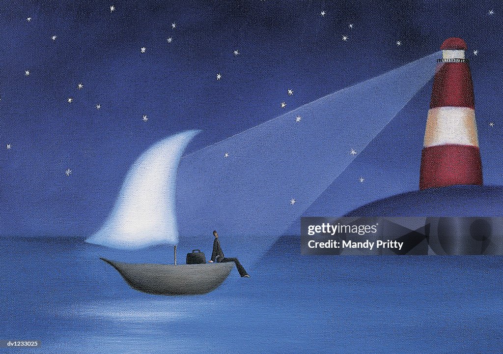 Businessman Sitting on a Boat at Sea Illuminated by a Lighthouse