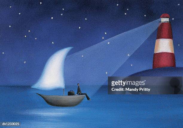 businessman sitting on a boat at sea illuminated by a lighthouse - mandy pritty stock illustrations