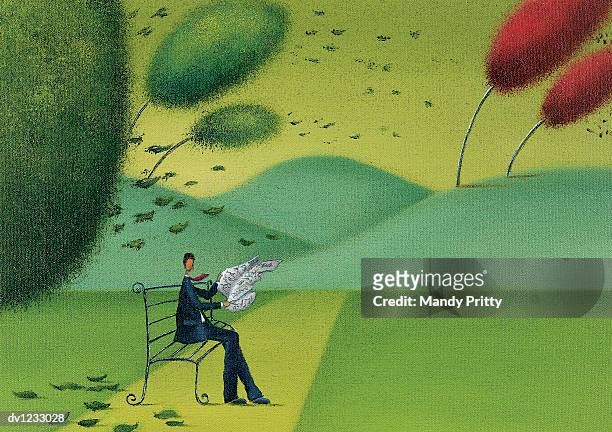 illustrazioni stock, clip art, cartoni animati e icone di tendenza di man trying to read his newspaper in a windy park - mandy pritty
