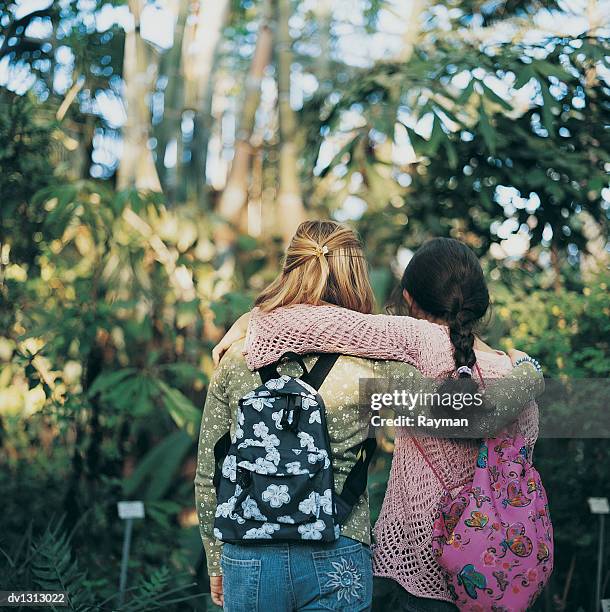 rear view of two primary school girls with their arms around each other on a field trip in a botanical garden - girls trip stock pictures, royalty-free photos & images