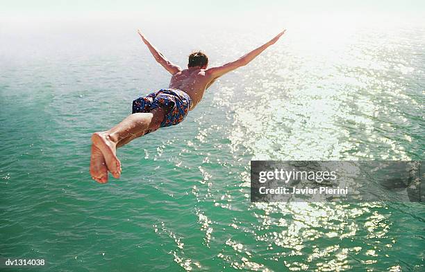 rear view of a man diving into the sea - diver stock-fotos und bilder