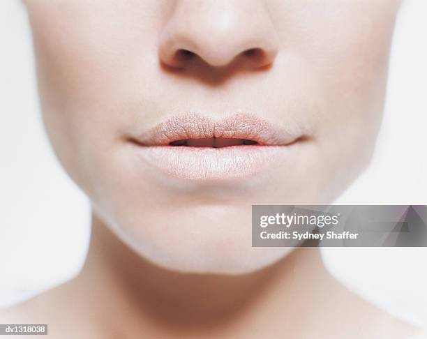 close up of a young woman wearing foundation - dry lips stock pictures, royalty-free photos & images