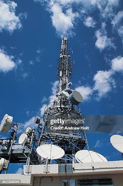 low angle view of a satellite tower - satellite view stock-fotos und bilder