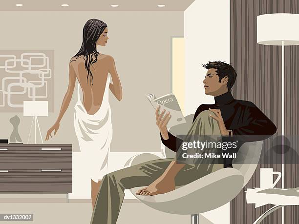 man sitting in an armchair in a living room contemplating and holding a book and a woman standing wrapped in a towel - behind the curtain stock illustrations