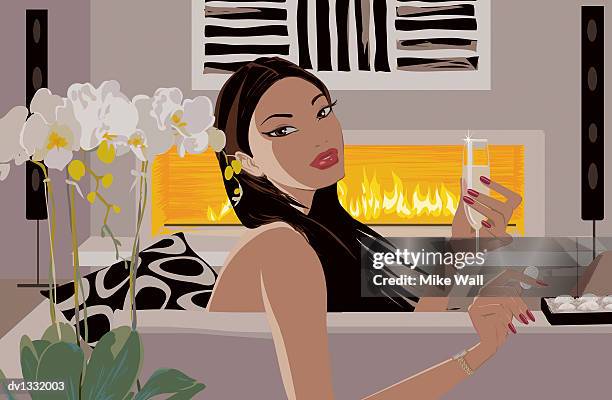 portait of a naked young woman sitting on a sofa holding a champagne flute and a sweet in front of a fireplace - mike 幅插畫檔、美工圖案、卡通及圖標