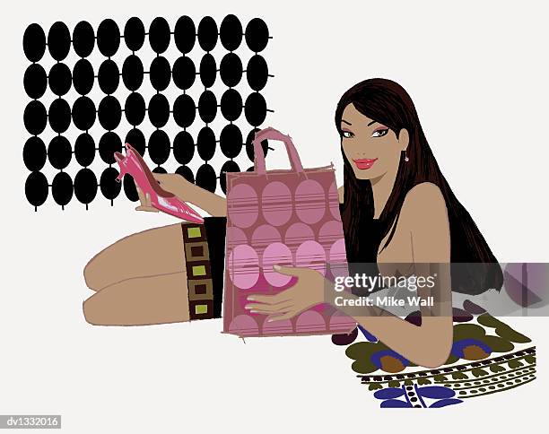 elegant young woman wearing sixties style fashion lying on a rug holding a shoe and a bag - mike 幅插畫檔、美工圖案、卡通及圖標