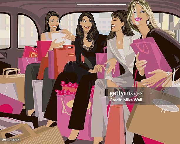 group of glamorous women sitting in a taxi with shopping bags - mike 幅插畫檔、美工圖案、卡通及圖標