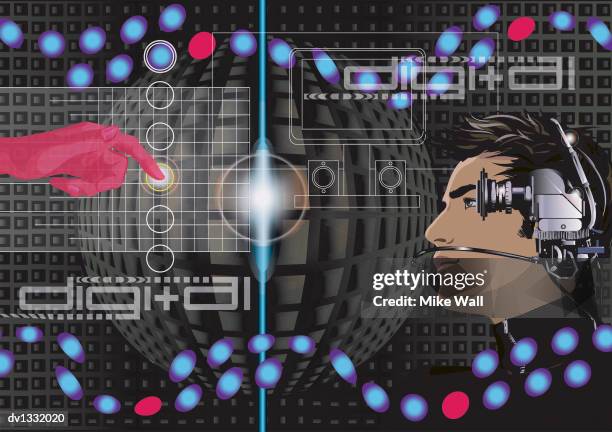 man wearing a futuristic digital camcorder and microphone filming a hand pressing a button - turtle neck sweater stock illustrations