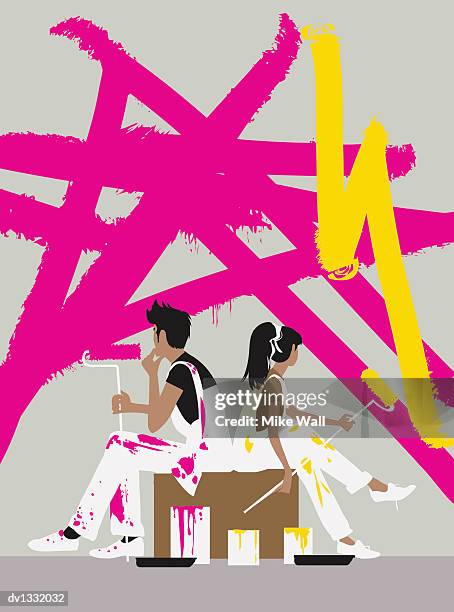 young couple sitting with paint rollers considering choice of decorating colours - messy living room stock illustrations