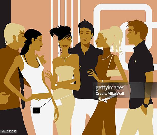 group of young people standing in a funky interior - sleeveless top stock illustrations