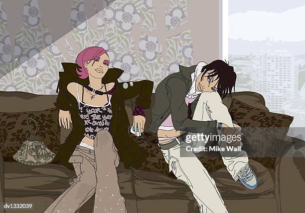 two young women sitting on a sofa in an apartment - messy living room stock illustrations