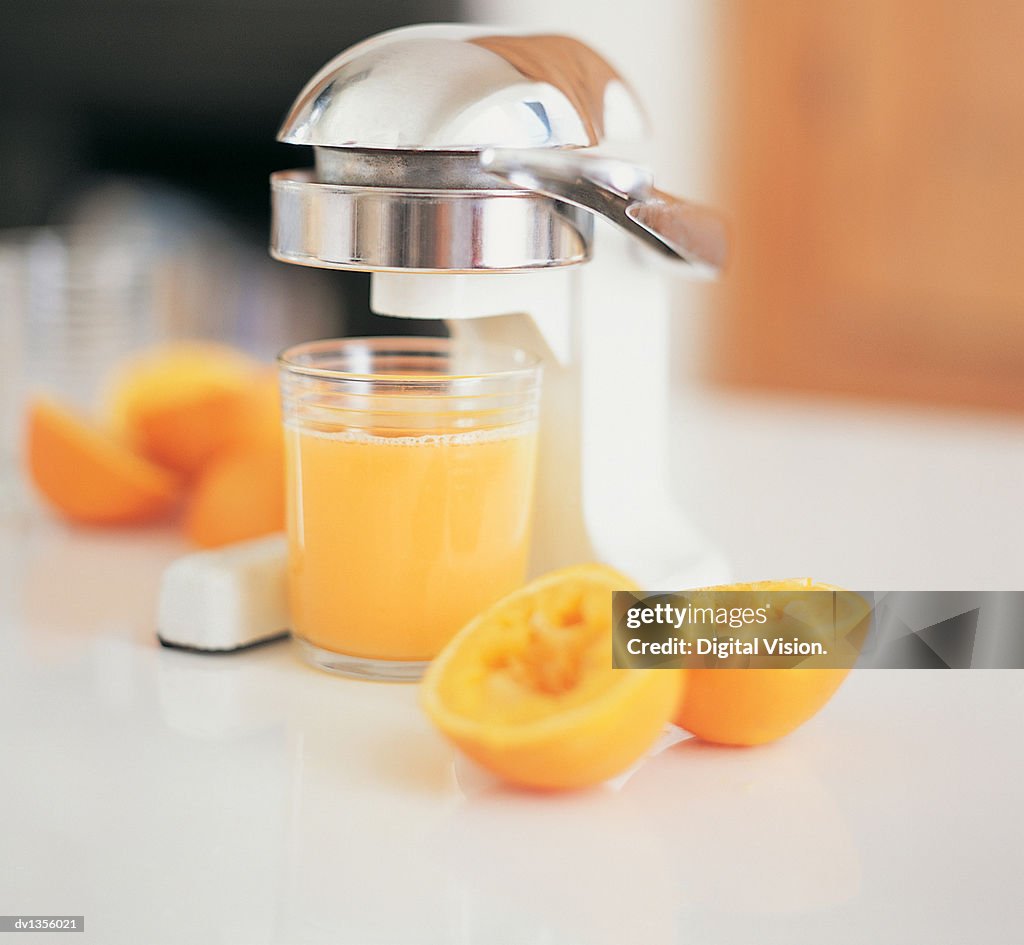 Juicer With a Glass of Fresh Orange Juice