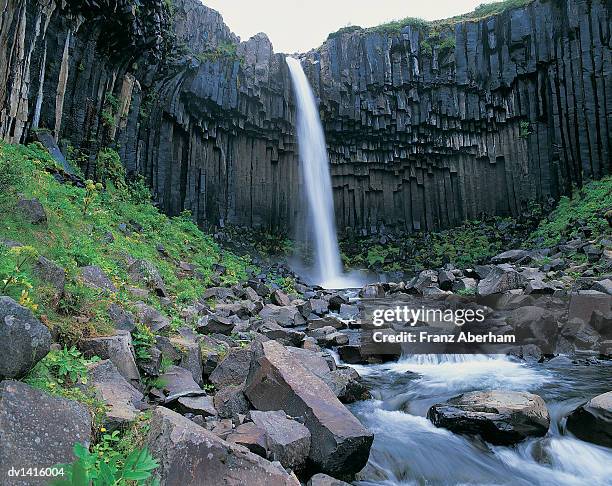 basalt rock face, svartifoss waterfall, skaftafell national park, iceland - skaftafell national park stock pictures, royalty-free photos & images