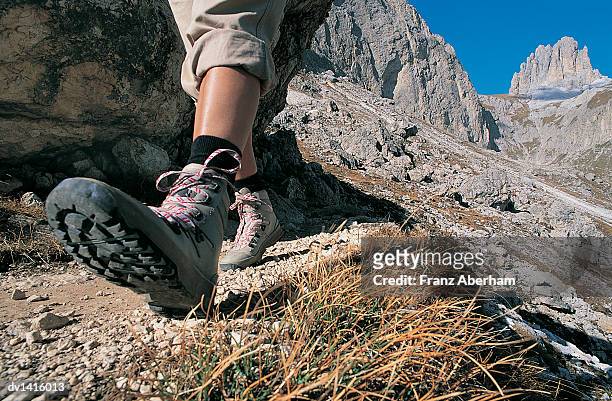low section of human legs walking on a mountain path in the dolomites, south tyrol, italy - franz aberham fotografías e imágenes de stock