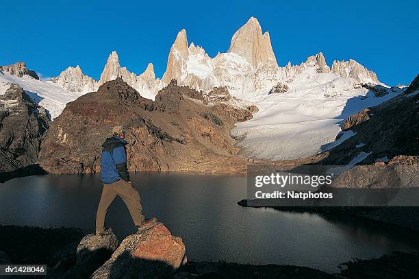 hiker looking at the view of lagos de los tres with mt fitzroy in the background, glacier national park, patagonia, argentina - fitzroy stock-fotos und bilder