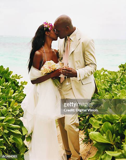 newlywed couple kiss on the path to a beach - wedding role stock pictures, royalty-free photos & images