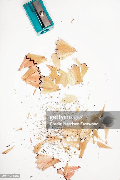 pencil sharpener and shavings viewed from directly above - harrison wood stock pictures, royalty-free photos & images