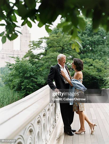 mature, well-dressed couple stand face to face on a bridge in central park, talking and smiling - abendgarderobe stock-fotos und bilder