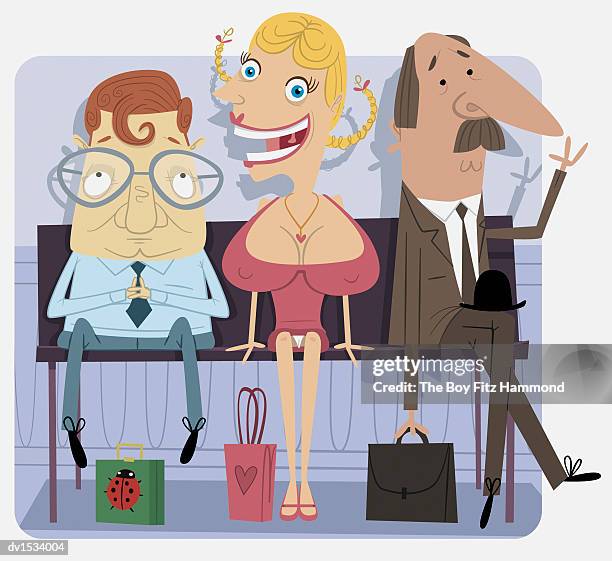 geek, bimbo and a businessman sitting side by side on a bench - bimbo stock illustrations