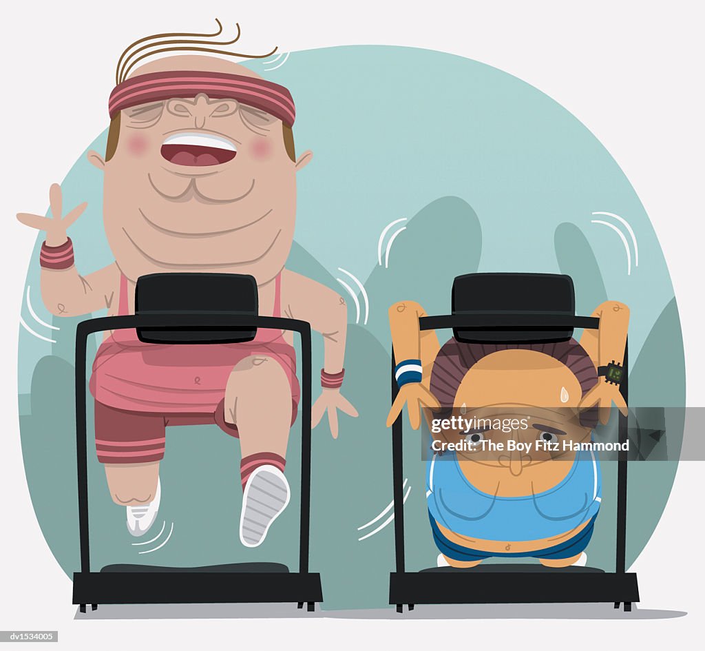 Two Men Side-by-Side on Exercise Machines, One Running the Other Faint With Exhaustion