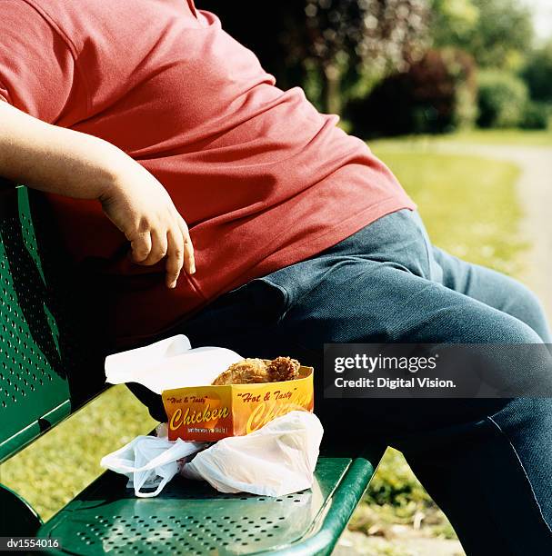 mid-section of an overweight man sitting on a park bench with take-away food - unhealthy living stock pictures, royalty-free photos & images