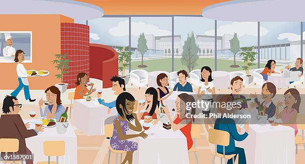 large group of people sit eating and talking at tables in a canteen - phil stock illustrations