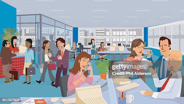 large group of businesspeople working a busy open plan office - phil stock illustrations