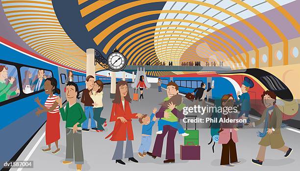 stockillustraties, clipart, cartoons en iconen met large group of people arriving and departing from a busy train platform - station de vacances