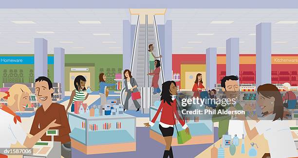 large group of people shopping in a busy department store - phil stock illustrations