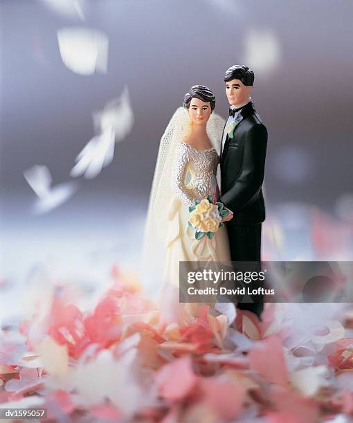 bride and groom wedding figurine and falling confetti - figurine bildbanksfoton och bilder