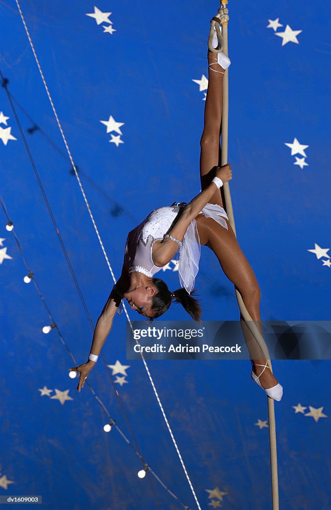 Female Acrobat in a Leotard Hangs Upside Down From a Rope High Up in a Circus Tent