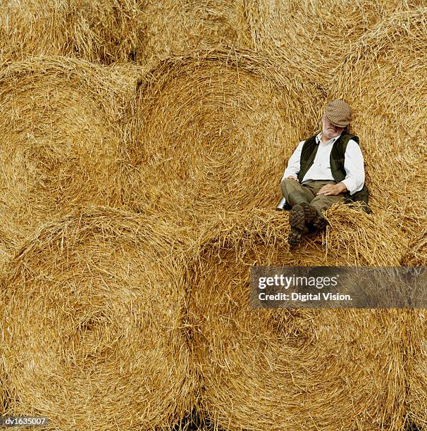 farmer asleep amongst bales of hay - man sleeping with cap stock pictures, royalty-free photos & images