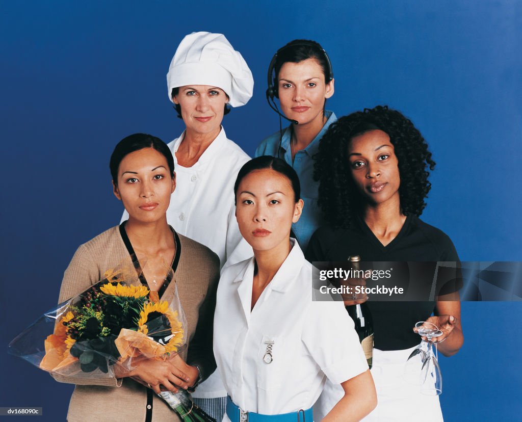 Group of women from different professions, looking serious