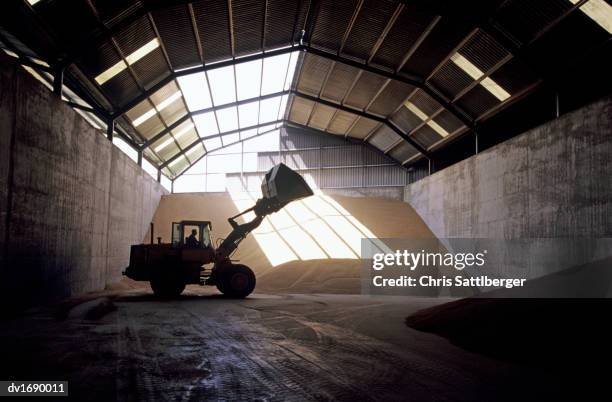 front-end loader in grain warehouse - chris sattlberger stock pictures, royalty-free photos & images