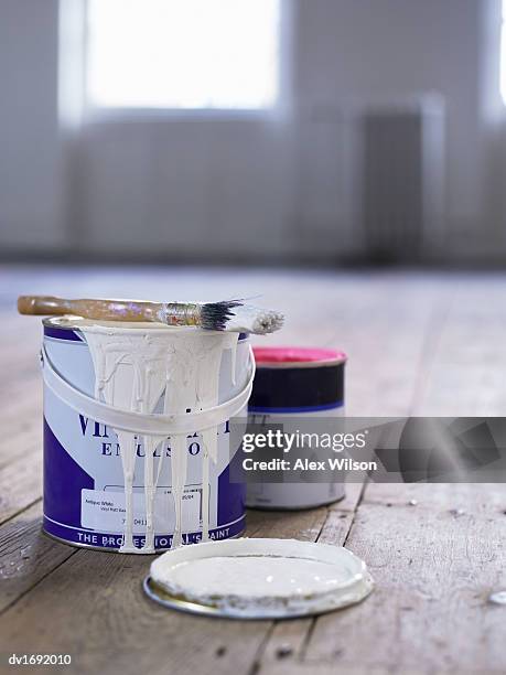 paintbrush on a paint tin, in an empty domestic room - activists holds candlelight vigil to mark 1 month anniversary of oil spill stockfoto's en -beelden