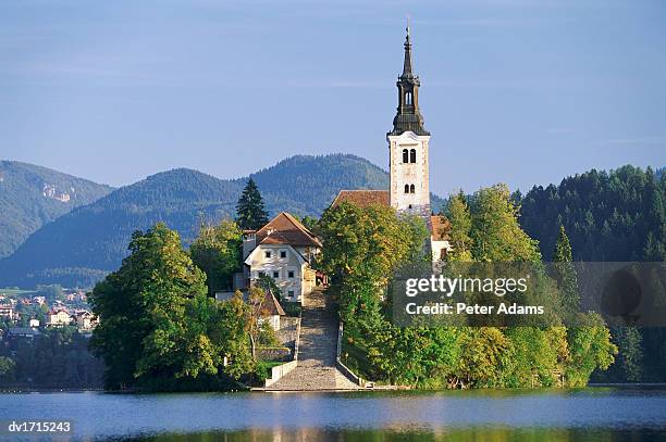 island, lake bled, slovenia - peter island stock pictures, royalty-free photos & images