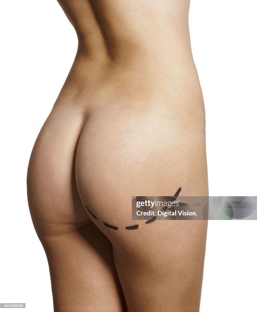 Curved Dotted Line Marked Across a Woman's Backside