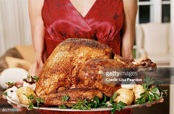 mid-section of a woman holding a roast turkey on a baking tray - dinde rôtie photos et images de collection