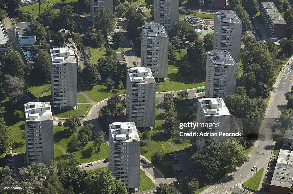 Aerial View of Apartments Blocks on a Council Estate, London, England