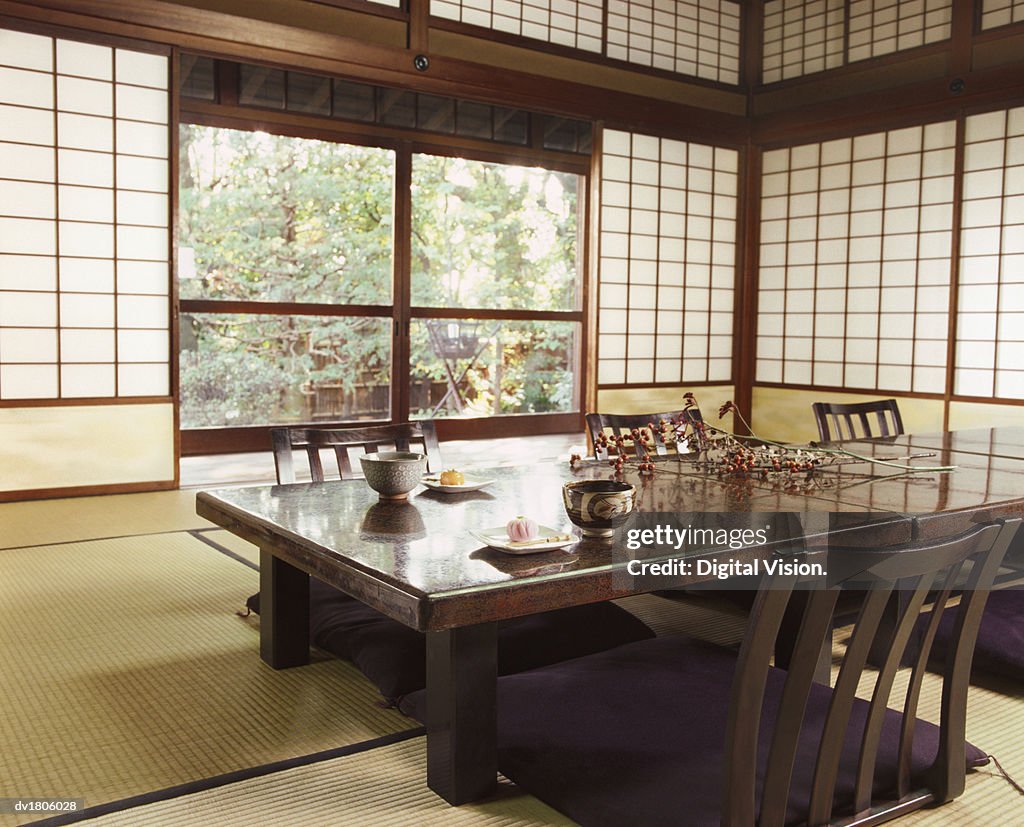 Japanese Room Wit Table, Chairs, Tatami Mat and Shohoji Doors