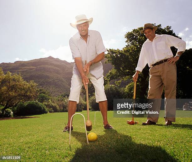 mature male friends playing croquet - krocketklubba bildbanksfoton och bilder