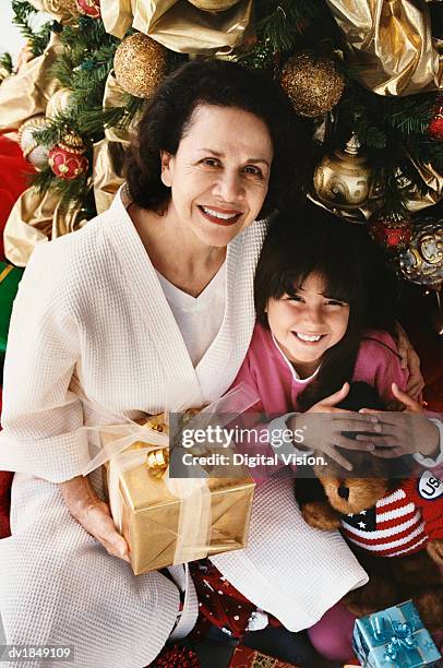 elevated view of a grandmother and granddaughter together next to a christmas tree - digital devices beside each other bildbanksfoton och bilder