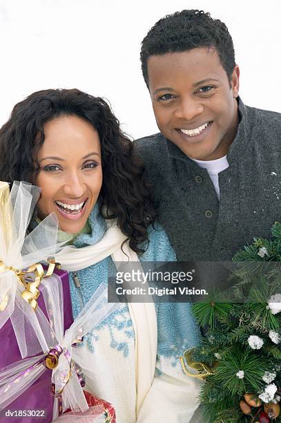 thirtysomething couple at christmas holding a gift and tree - presents season 2 of kingdom at the 2015 tca summer press tour stockfoto's en -beelden