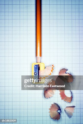 Elevated View of a Pencil, Pencil Sharpener and Shavings Elevated View of a Pencil, Pencil Sharpener and Shavings