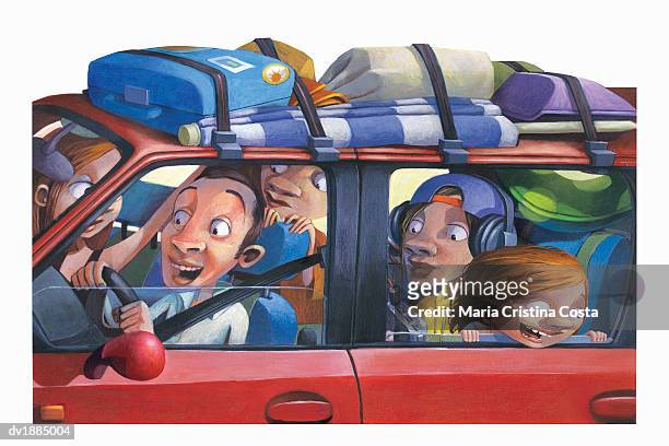 illustration of a family traveling in a car - costa stock-grafiken, -clipart, -cartoons und -symbole