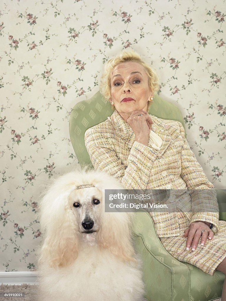 Displeased Looking Woman Sitting on an Armchair With a Poodle Next to Her