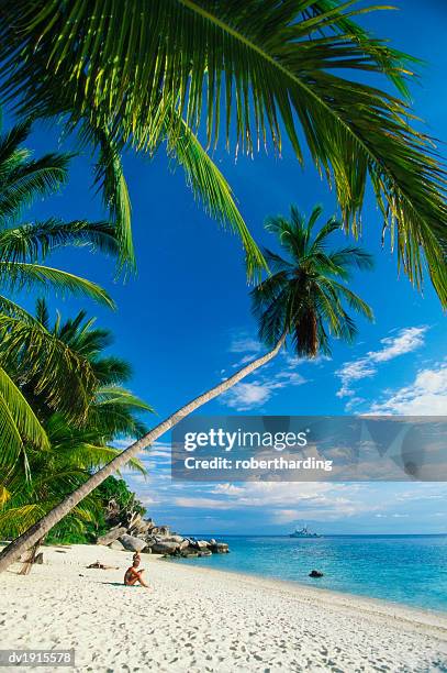 three people sunbathing on the beach of terengganu, perhentian besar, malaysia - terengganu stockfoto's en -beelden