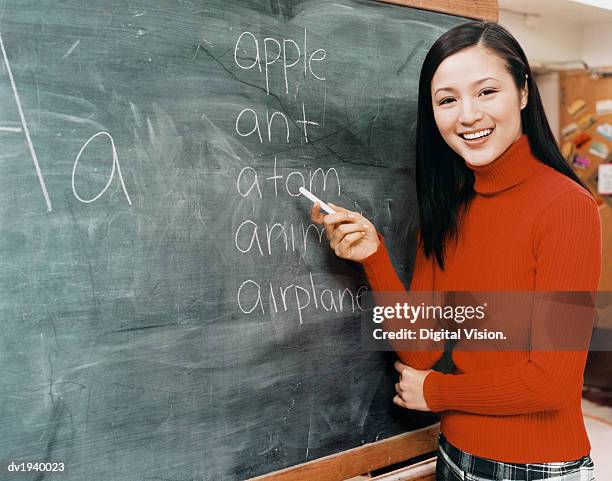 thirtysomething female teacher pointing at words on a blackboard with chalk - long term vision bildbanksfoton och bilder